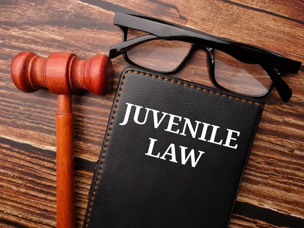 Juvenile law book, gavel and glasses on a table.