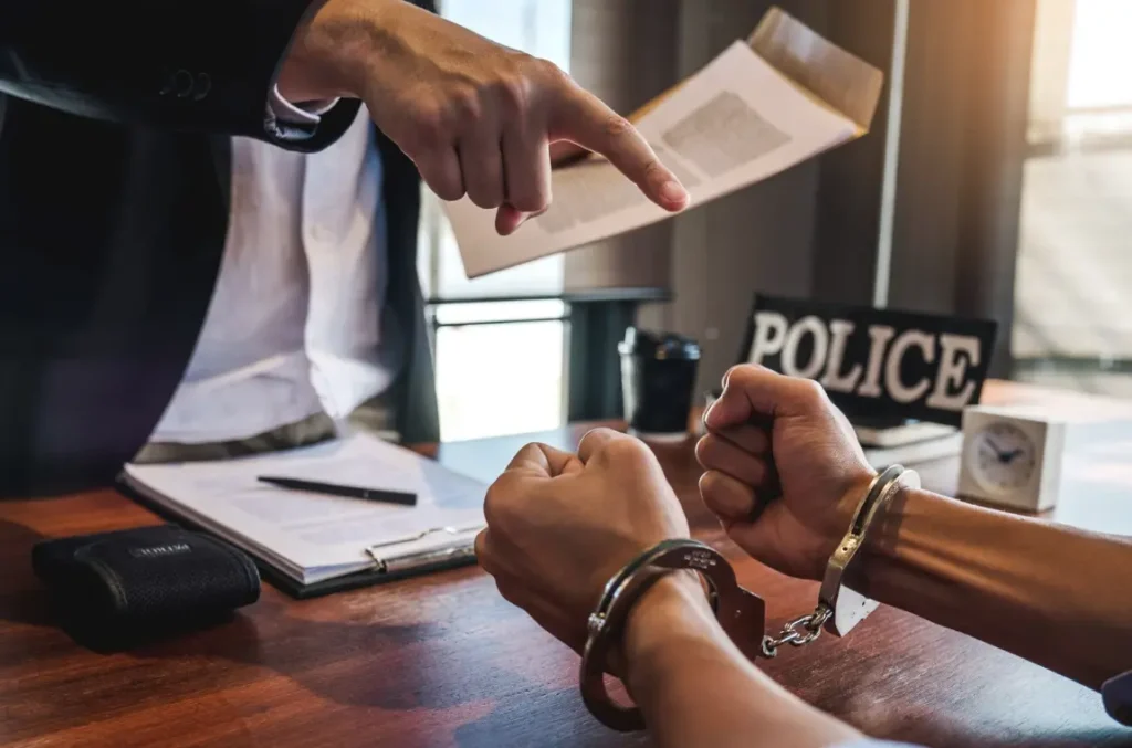 Lawyer points aggressively at handcuffed suspect amid police paperwork.